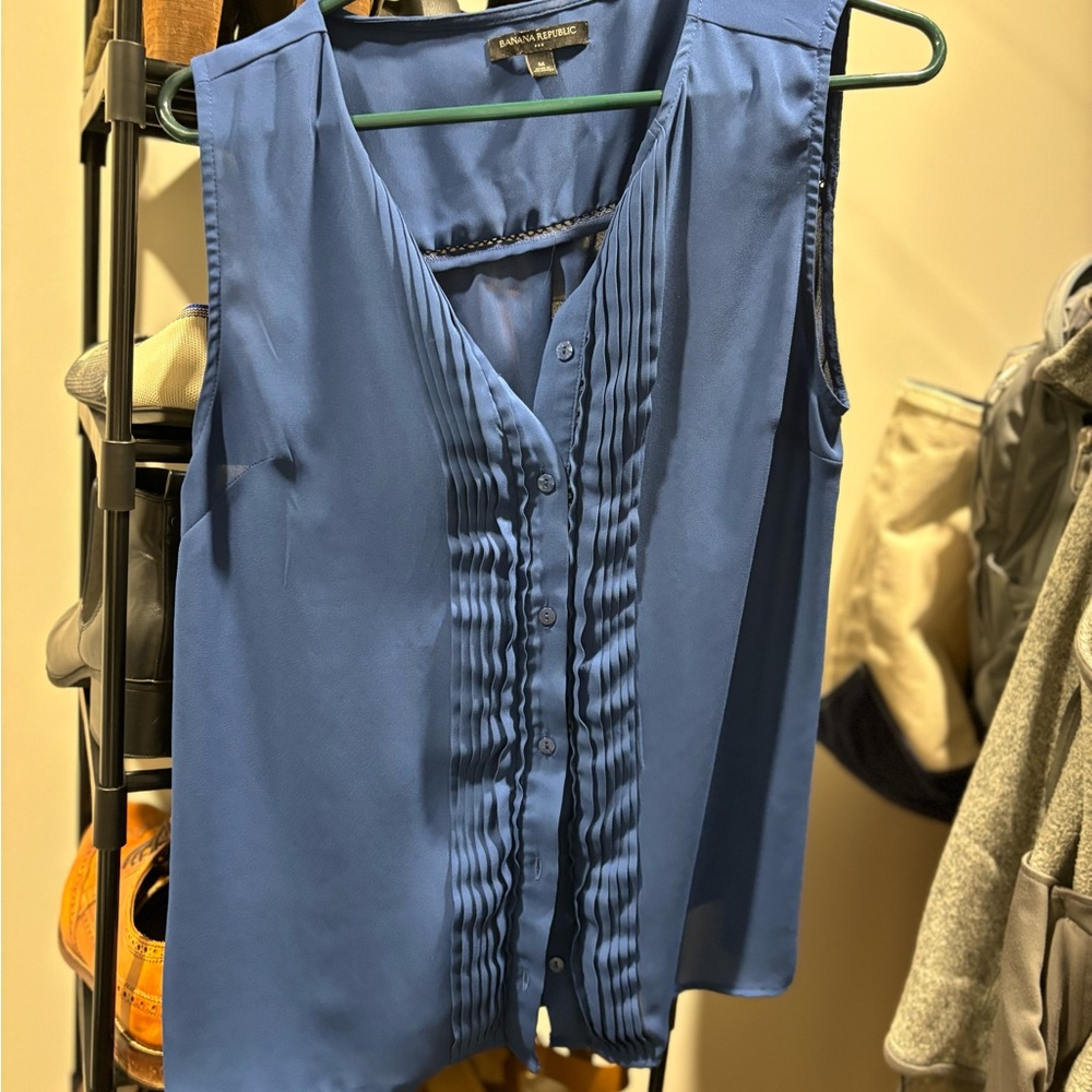 Blue Pleated Buttoned Blouse with Bib Collar